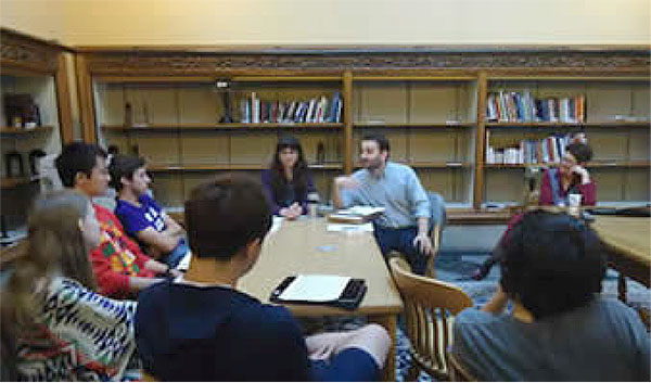 CCHS Graduate Fellow Jesse Nasta talks to new Leopold Fellows about his research during the Fall 2013 archival research session led by Janet Olson, Archival Librarian.