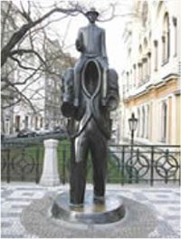 Franz Kafka monument by the sculptor Jaroslav Róna in the historic Jewish Quarter of Prague 